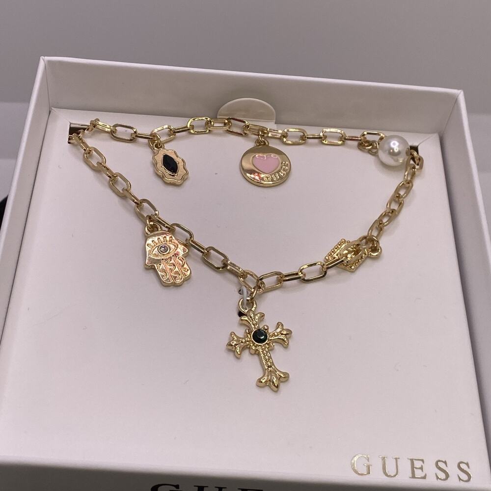 Guess Gold Tone Charms Christian Cross Faith Necklace